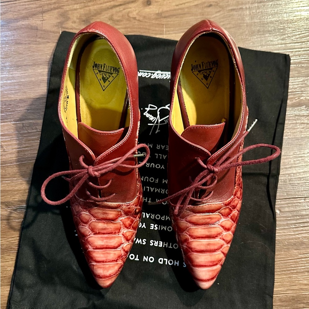 John Fluevog Red Textured Lace-Up Heels - Picture 5 of 5